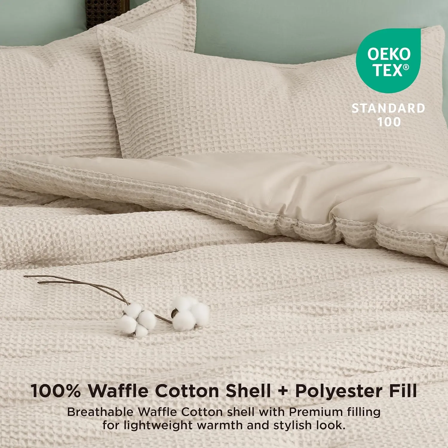 Bedsure Waffle Comforter Set Queen, Beige Soft Cotton Bedding, Waffle Weave Bed Set, 3 Pieces, 1 Comforter (90"x90") and 2 Pillow Shams, Premium Cotton Cover with Polyester Fill for All Seasons