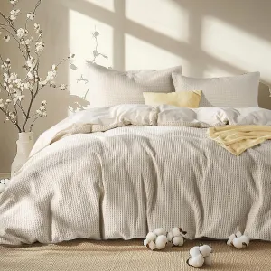 Bedsure Waffle Comforter Set Queen, Beige Soft Cotton Bedding, Waffle Weave Bed Set, 3 Pieces, 1 Comforter (90"x90") and 2 Pillow Shams, Premium Cotton Cover with Polyester Fill for All Seasons