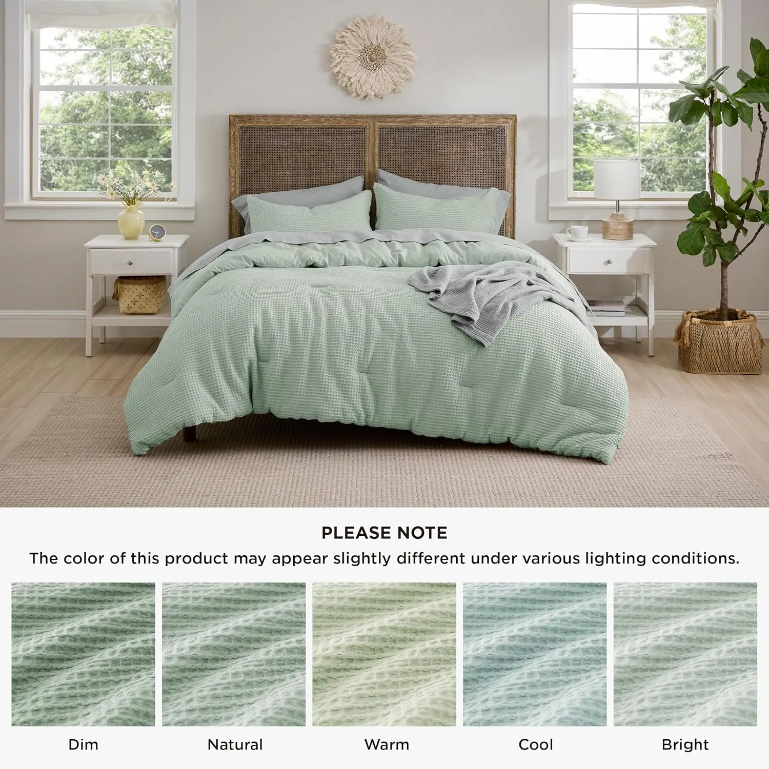 Bedsure Waffle Comforter Set Queen, Sage Green Soft Cotton Bedding, Waffle Weave Bed Set, 3 Pieces, 1 Comforter (90"x90") and 2 Pillow Shams, Premium Cotton Cover with Polyester Fill for All Seasons