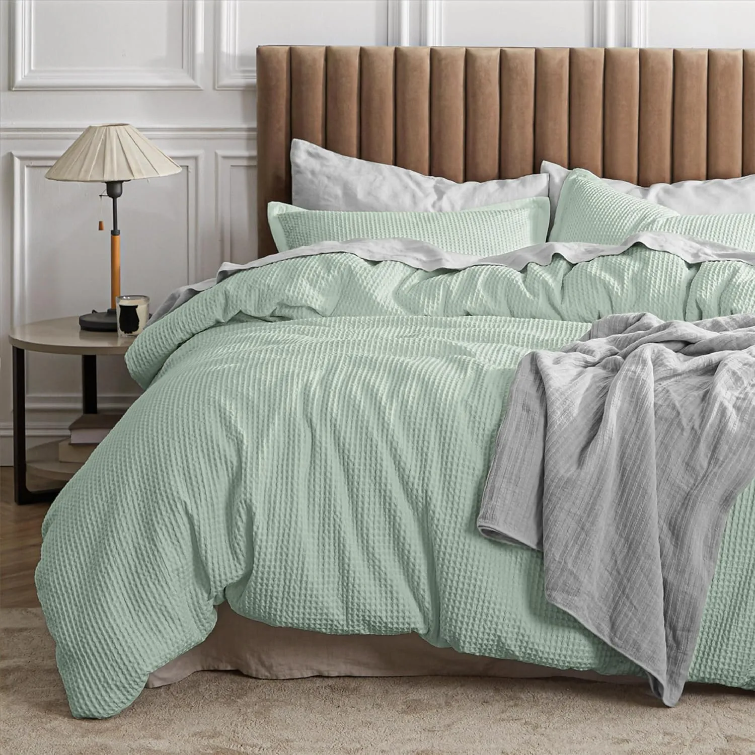 Bedsure Waffle Comforter Set Queen, Sage Green Soft Cotton Bedding, Waffle Weave Bed Set, 3 Pieces, 1 Comforter (90"x90") and 2 Pillow Shams, Premium Cotton Cover with Polyester Fill for All Seasons