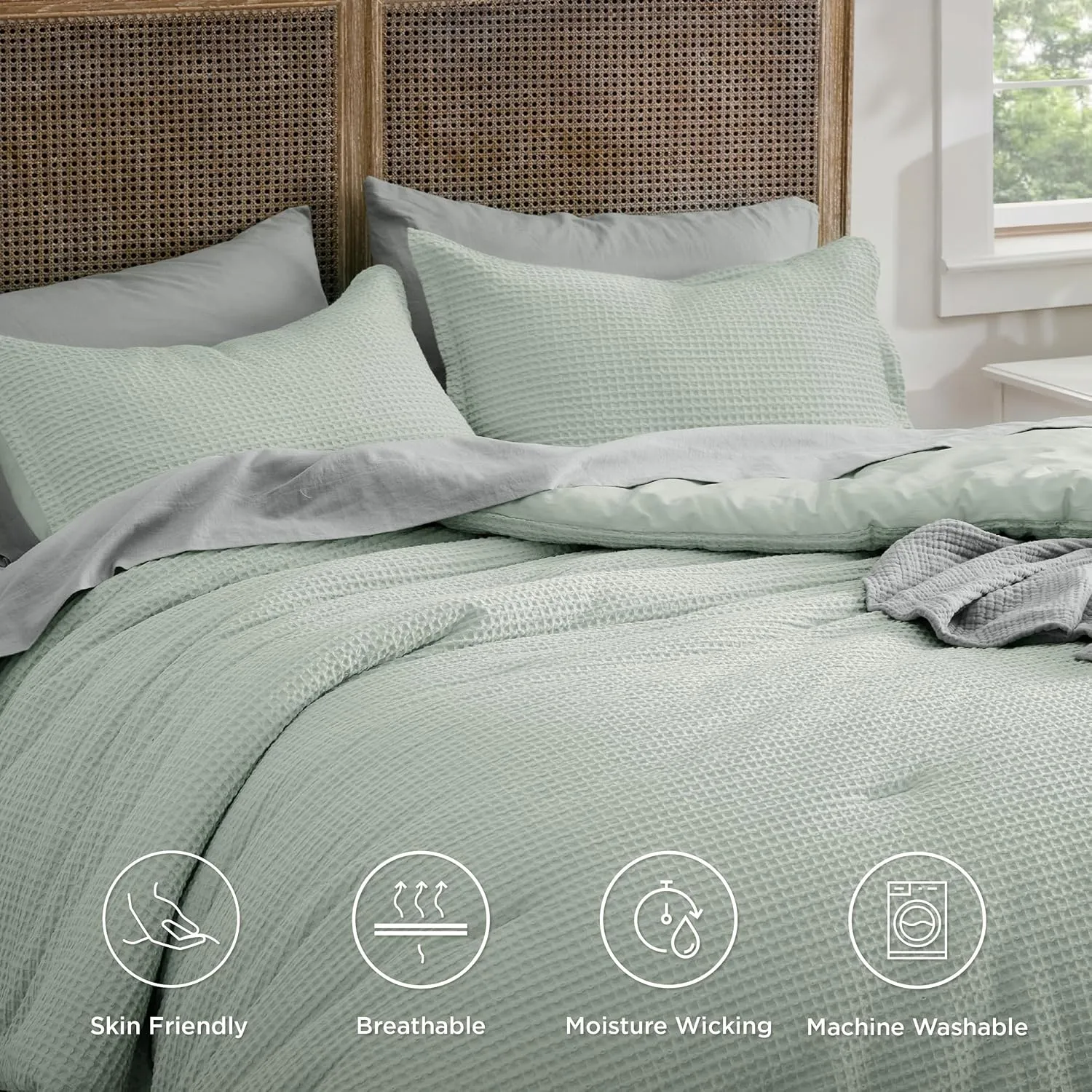 Bedsure Waffle Comforter Set Queen, Sage Green Soft Cotton Bedding, Waffle Weave Bed Set, 3 Pieces, 1 Comforter (90"x90") and 2 Pillow Shams, Premium Cotton Cover with Polyester Fill for All Seasons