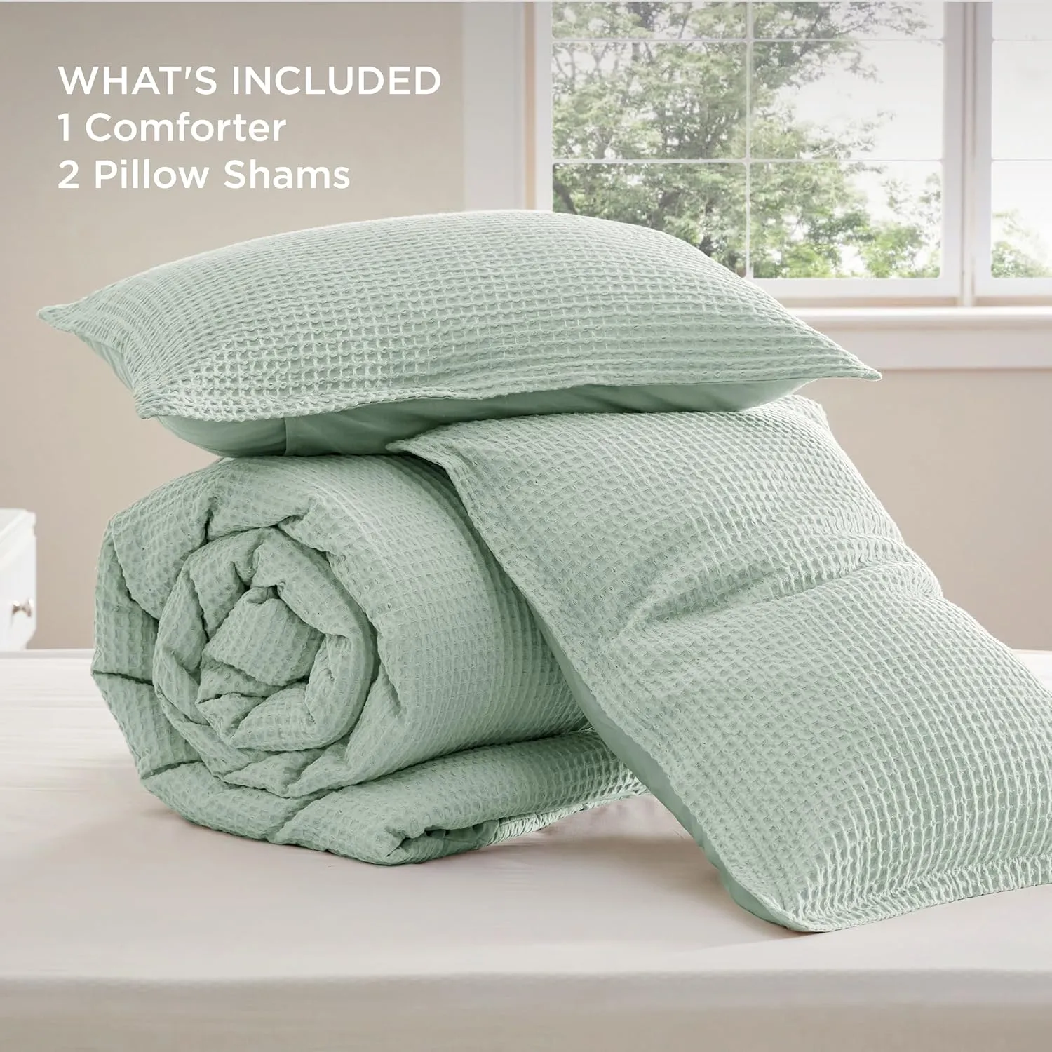 Bedsure Waffle Comforter Set Queen, Sage Green Soft Cotton Bedding, Waffle Weave Bed Set, 3 Pieces, 1 Comforter (90"x90") and 2 Pillow Shams, Premium Cotton Cover with Polyester Fill for All Seasons