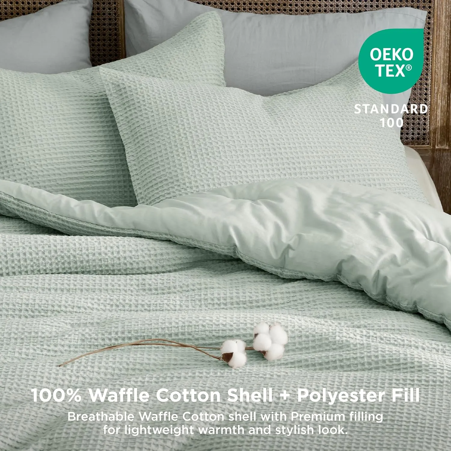 Bedsure Waffle Comforter Set Queen, Sage Green Soft Cotton Bedding, Waffle Weave Bed Set, 3 Pieces, 1 Comforter (90"x90") and 2 Pillow Shams, Premium Cotton Cover with Polyester Fill for All Seasons