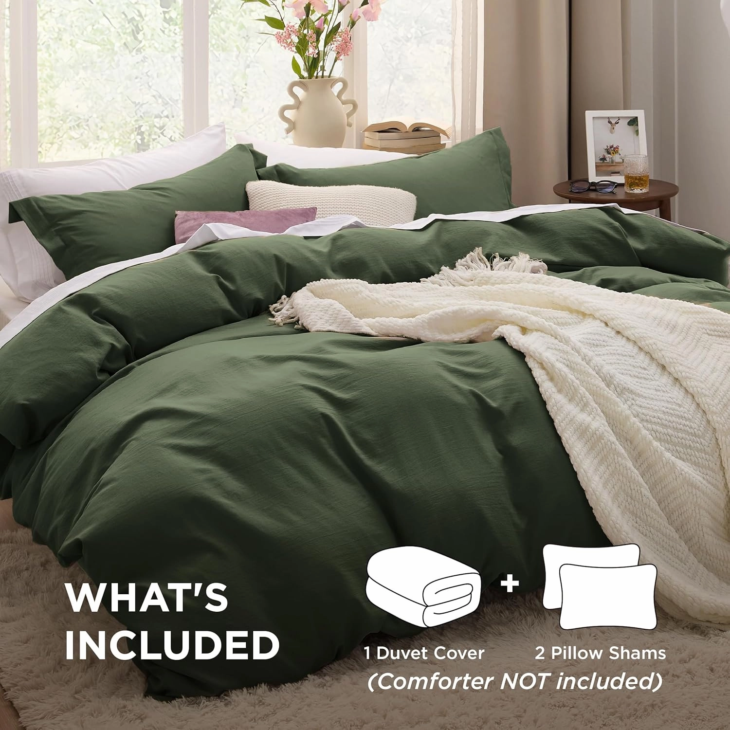 Bedsure Olive Green Duvet Cover Queen Size - 3 Pieces Prewashed Extra Soft Bedding Set, Includes 1 Duvet Cover 90x90 Inches with Zipper Closure & 2 Pillow Shams, Comforter Not Included
