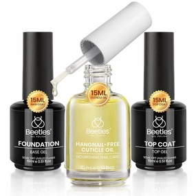 Beetles Bright Red Gel Nail Polish15ml with Beetles 3Pcs 15ml Gel Top Coat Base Coat & Cuticle Oil Set