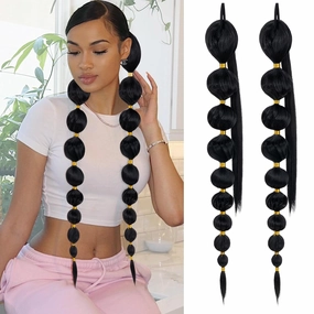 Benehair Bubble Afro Puff Extension - 34Inch Long Braided Ponytail, Straight Synthetic Hair, Lantern Ponytail Wrap Around, 120g/pc, 2pcs/pack