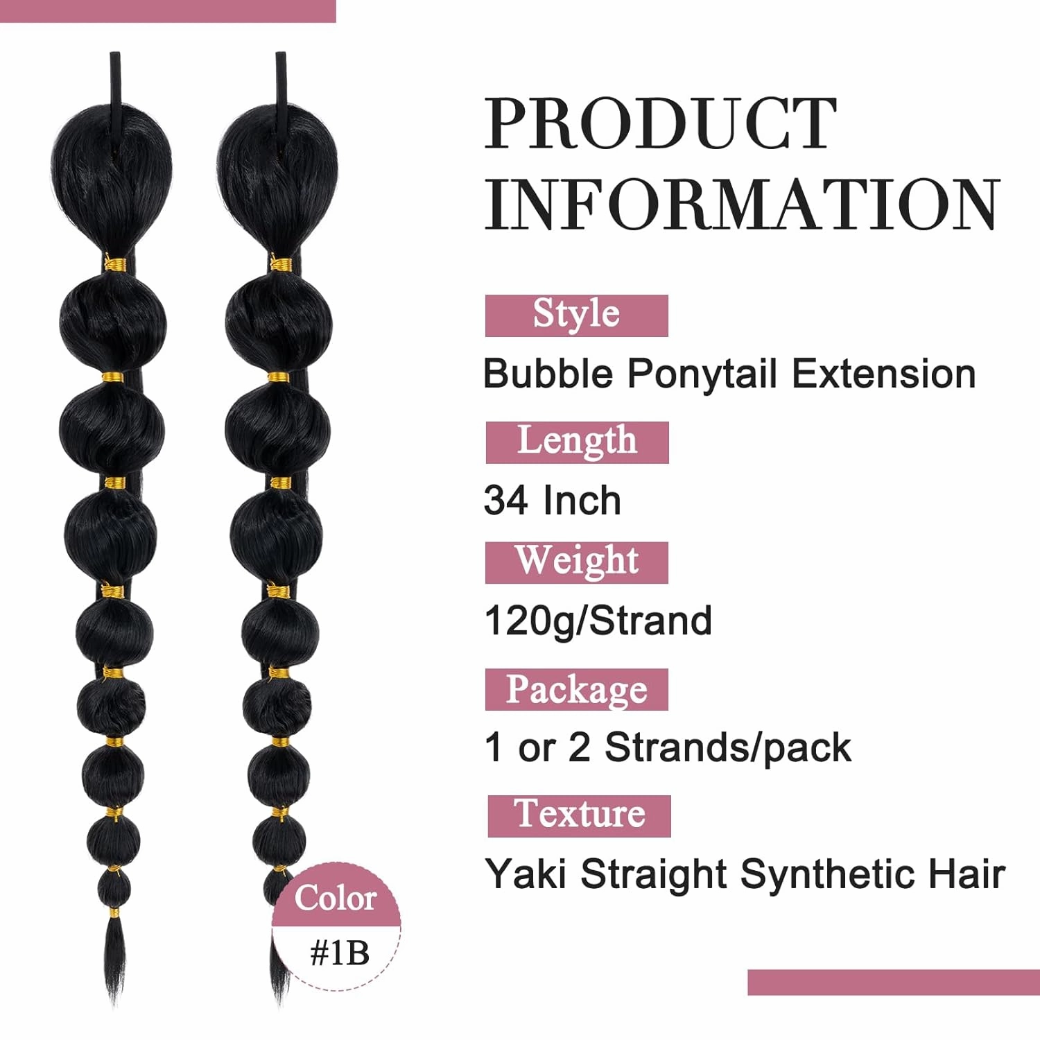 Benehair Bubble Afro Puff Extension - 34Inch Long Braided Ponytail, Straight Synthetic Hair, Lantern Ponytail Wrap Around, 120g/pc, 2pcs/pack