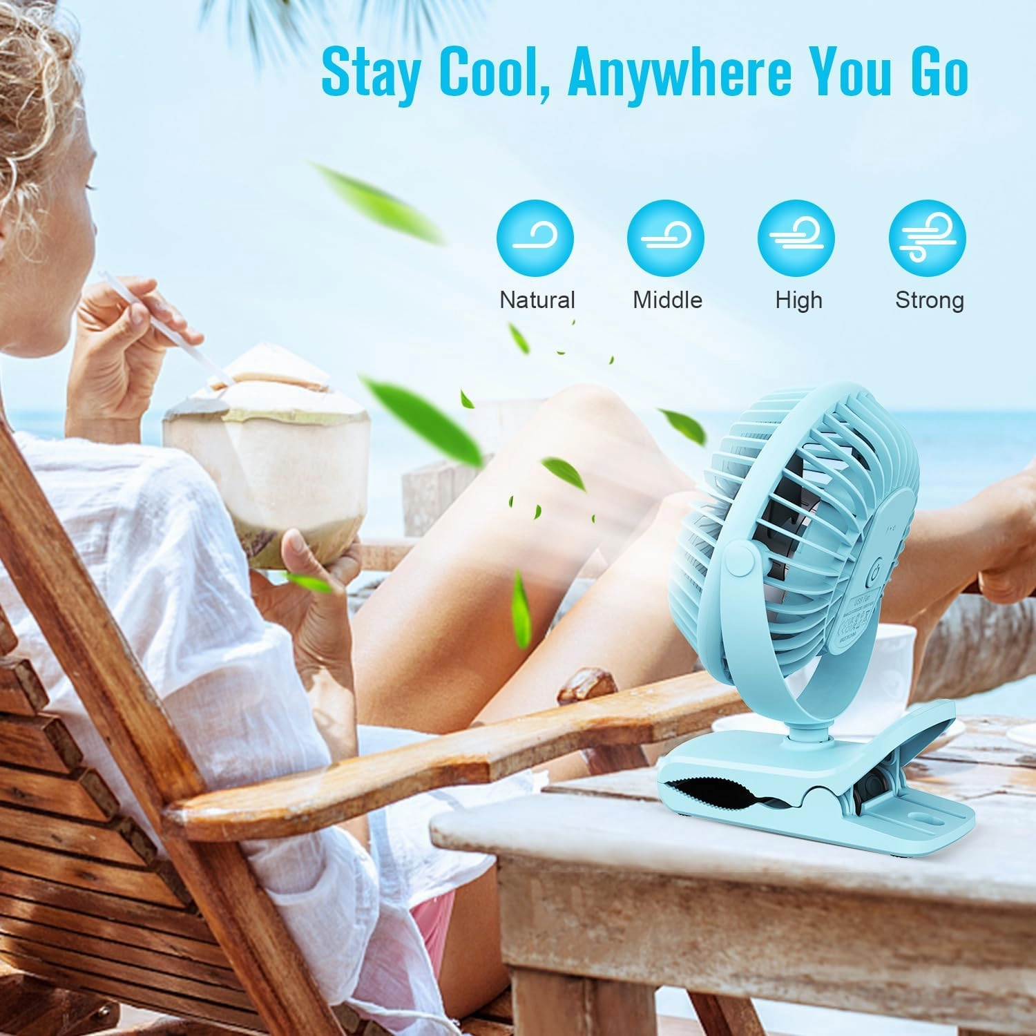 BESKAR Portable Clip on Fan Rechargeable, 4 Speeds Small Battery Operated Fan, USB Desk Fan with Strong Airflow, Sturdy Clamp for Golf Cart Office Outdoor Travel Camping