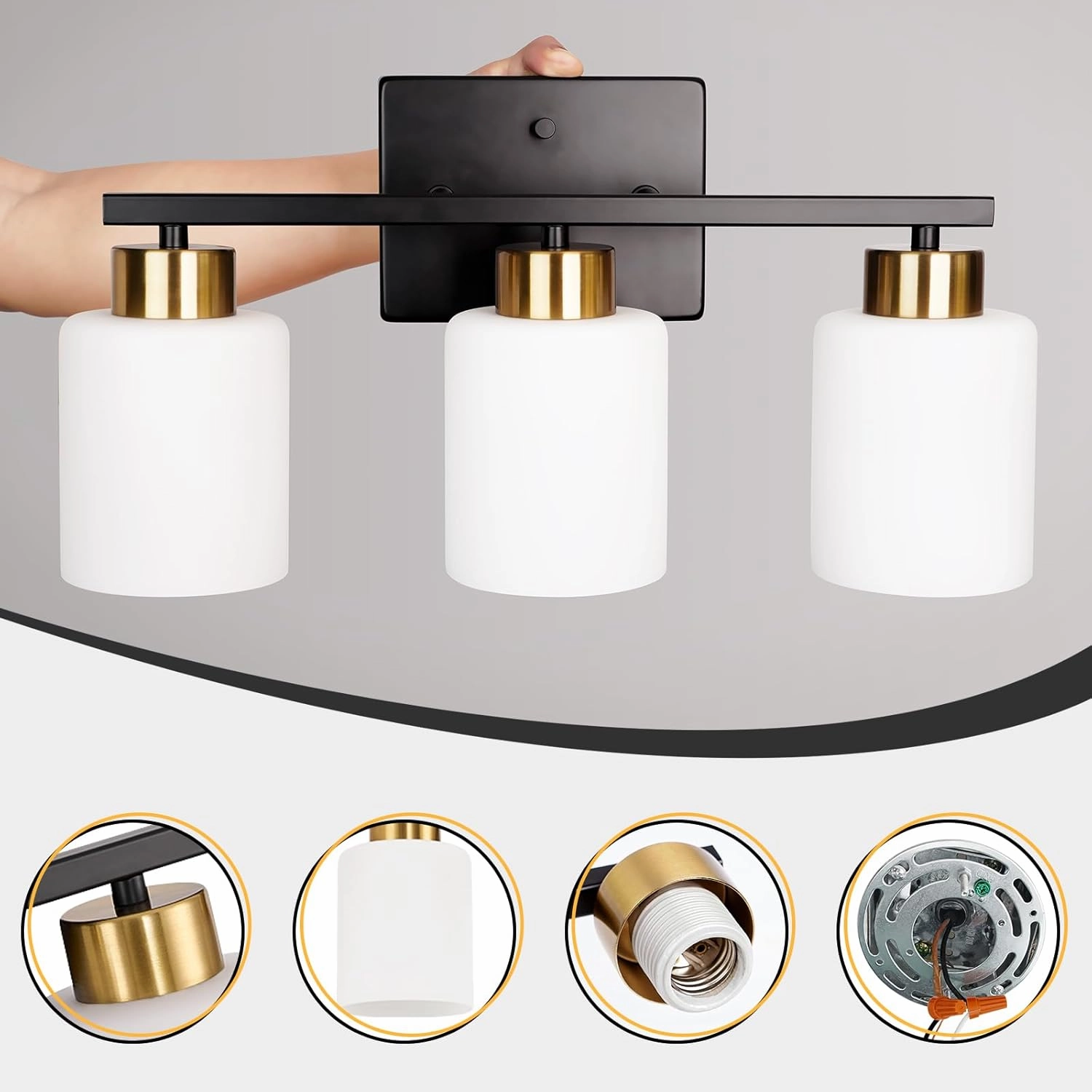 Black and Gold Bathroom Light Fixtures, 3-Light Modern Vanity Light Over Mirror, Wall Sconces with Milky White Frosted Glass Shades, E26 Socket (Bulbs Not Included)