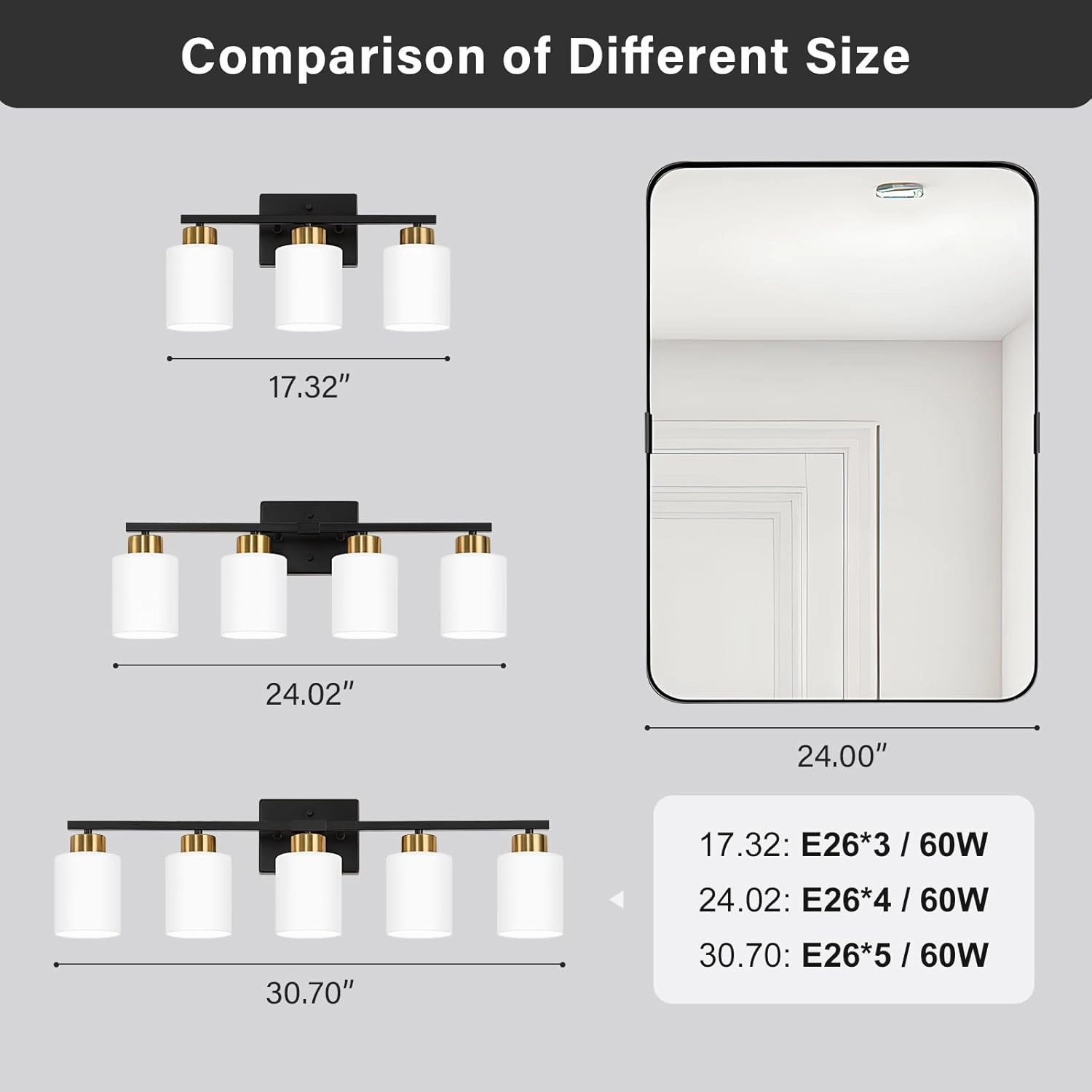 Black and Gold Bathroom Light Fixtures, 4-Light Modern Vanity Light Over Mirror, Wall Sconces with Milky White Frosted Glass Shades, E26 Socket (Bulbs Not Included)