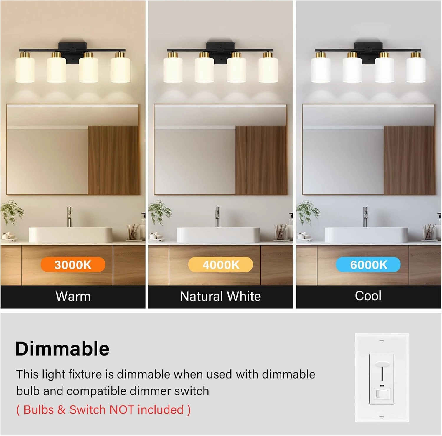 Black and Gold Bathroom Light Fixtures, 4-Light Modern Vanity Light Over Mirror, Wall Sconces with Milky White Frosted Glass Shades, E26 Socket (Bulbs Not Included)