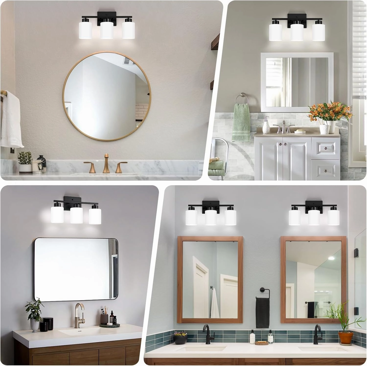 Black Bathroom Light Fixtures, 3-Light Modern Vanity Light Over Mirror, Wall Sconces with Milky White Frosted Glass Shades, E26 Socket (Bulbs Not Included)