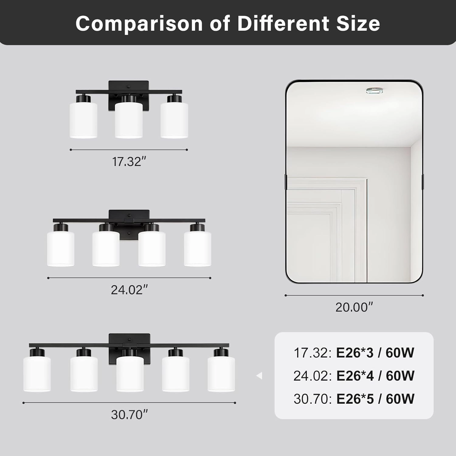 Black Bathroom Light Fixtures, 3-Light Modern Vanity Light Over Mirror, Wall Sconces with Milky White Frosted Glass Shades, E26 Socket (Bulbs Not Included)