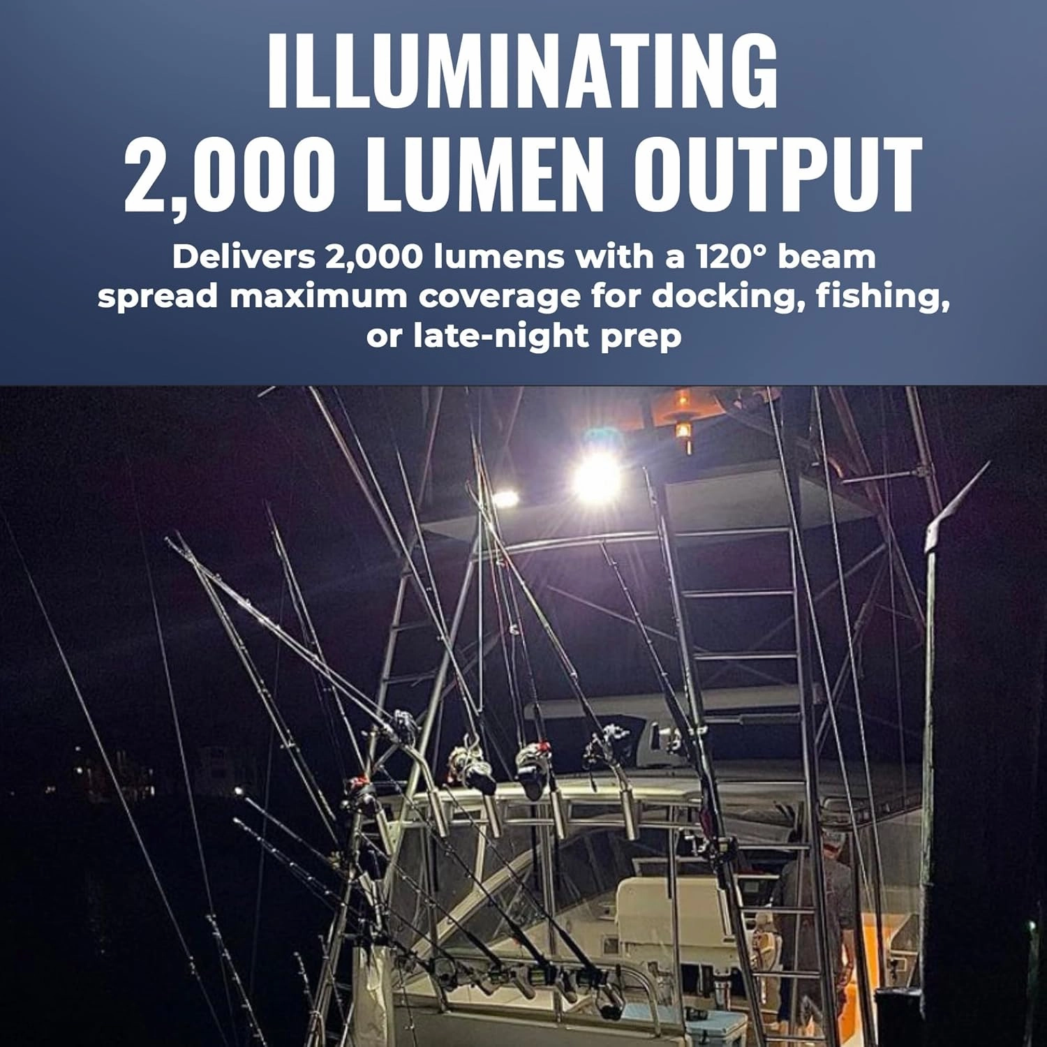 Black Oak Low Pro™ Waterproof Marine Spreader Lights – LED Deck or Dock Light Bar, 2000 Lumens, 120° Beam, IP69K, Bracket Mount (Black Housing, White Halo)