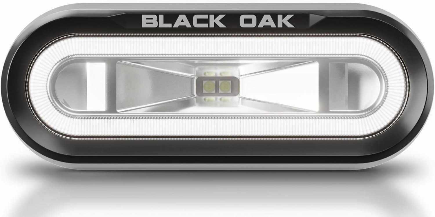 Black Oak Low Pro™ Waterproof Marine Spreader Lights – LED Deck or Dock Light Bar, 2000 Lumens, 120° Beam, IP69K, Bracket Mount (Black Housing, White Halo)