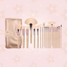 Blooming Mood 24-Piece Makeup Brush Set - Natural Beige Design, Soft Synthetic Bristles, Complete Face and Eye Brush Kit with Elegant Roll-Up Pouch - Ideal for Beginners, Professionals & Gift Giving