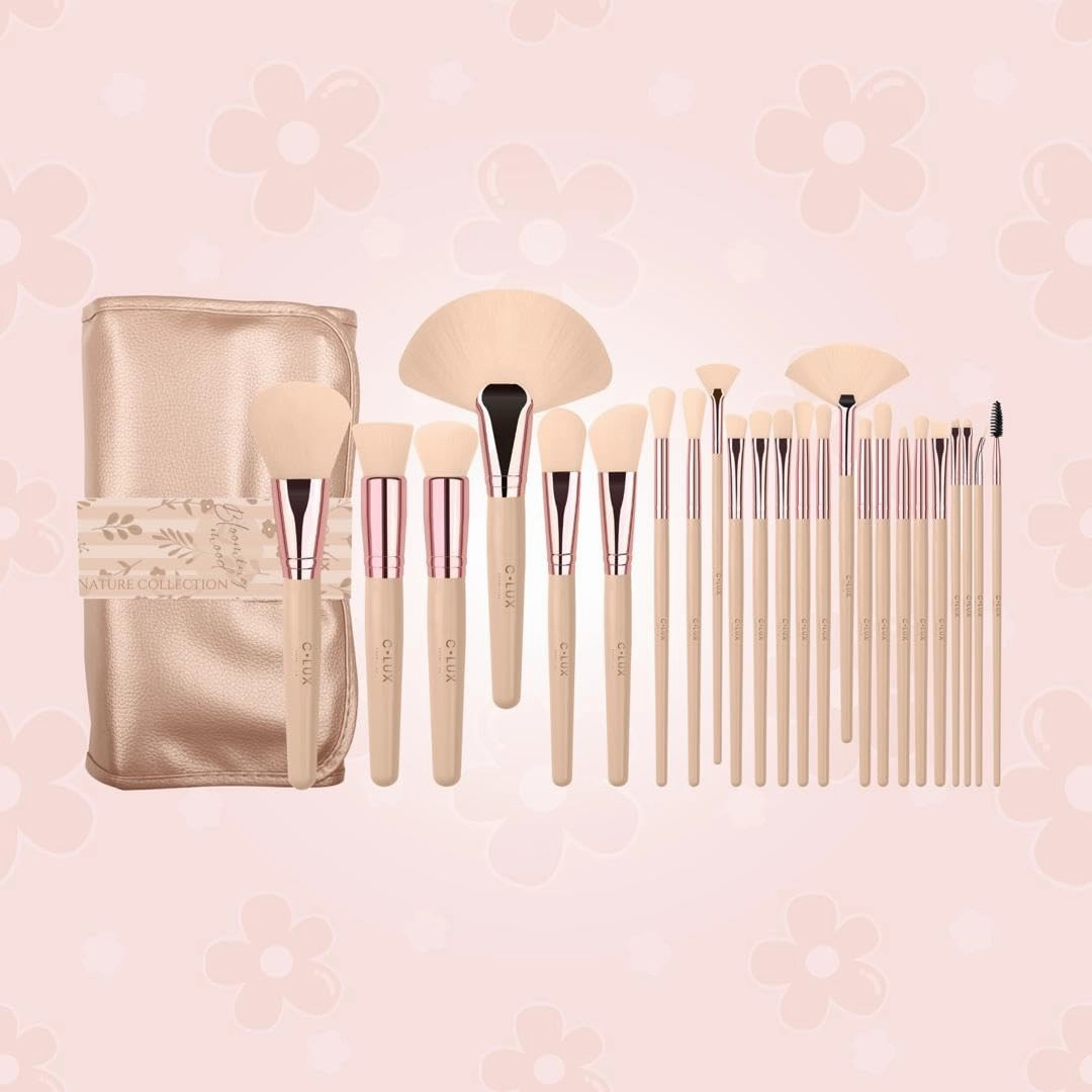 Blooming Mood 24-Piece Makeup Brush Set - Natural Beige Design, Soft Synthetic Bristles, Complete Face and Eye Brush Kit with Elegant Roll-Up Pouch - Ideal for Beginners, Professionals & Gift Giving
