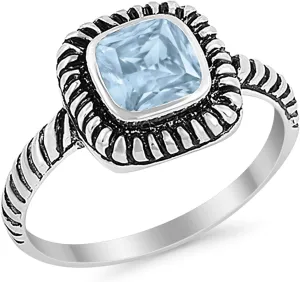 Blue Apple Co. Art Deco Ring 8mm Princess Cut Cubic Zirconia Oxidized Rope Vintage Style Solitaire Ring Statement Wedding Engagement Rings For Women 925 Sterling Silver Gift For Special Occasion