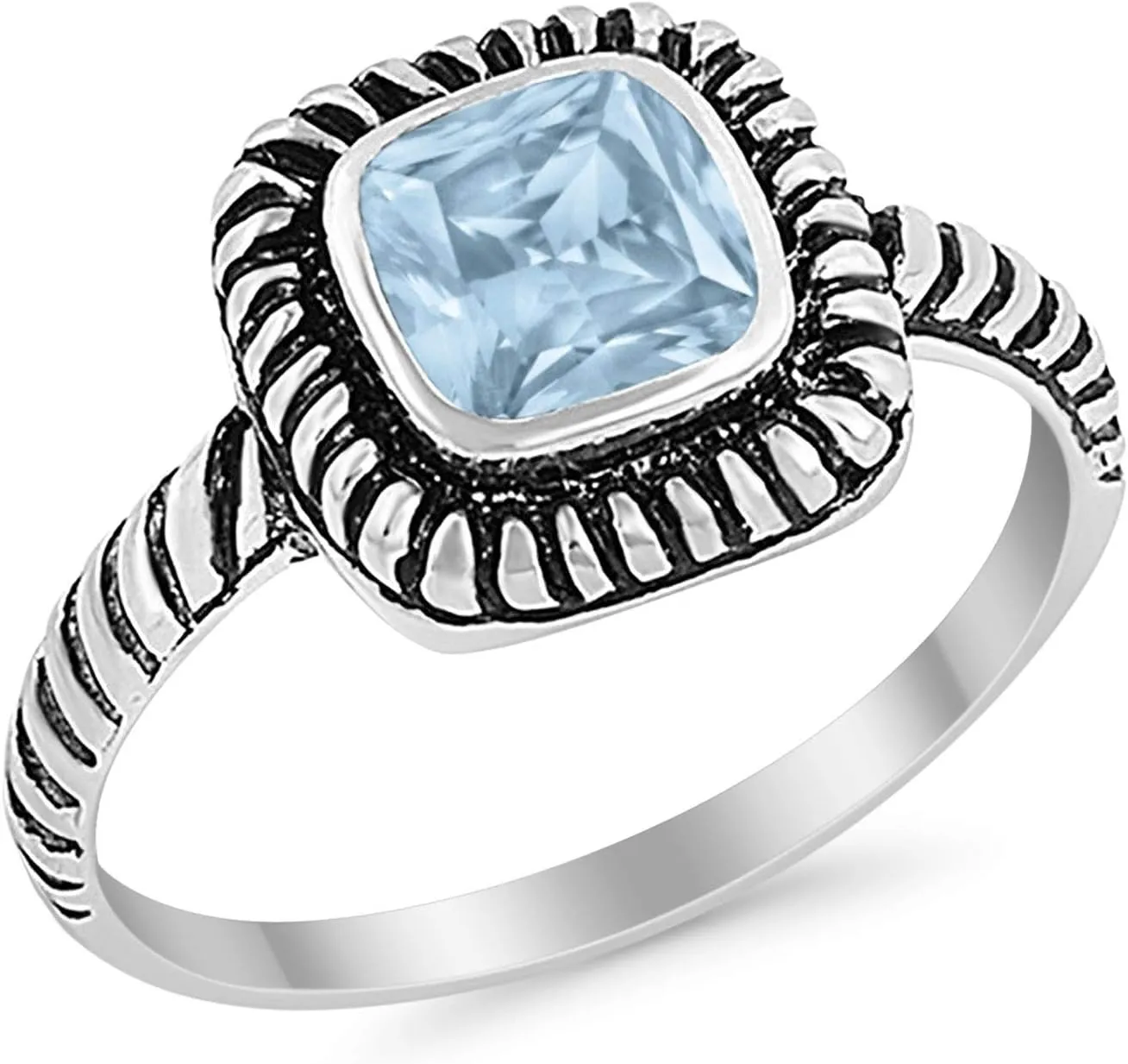 Blue Apple Co. Art Deco Ring 8mm Princess Cut Cubic Zirconia Oxidized Rope Vintage Style Solitaire Ring Statement Wedding Engagement Rings For Women 925 Sterling Silver Gift For Special Occasion