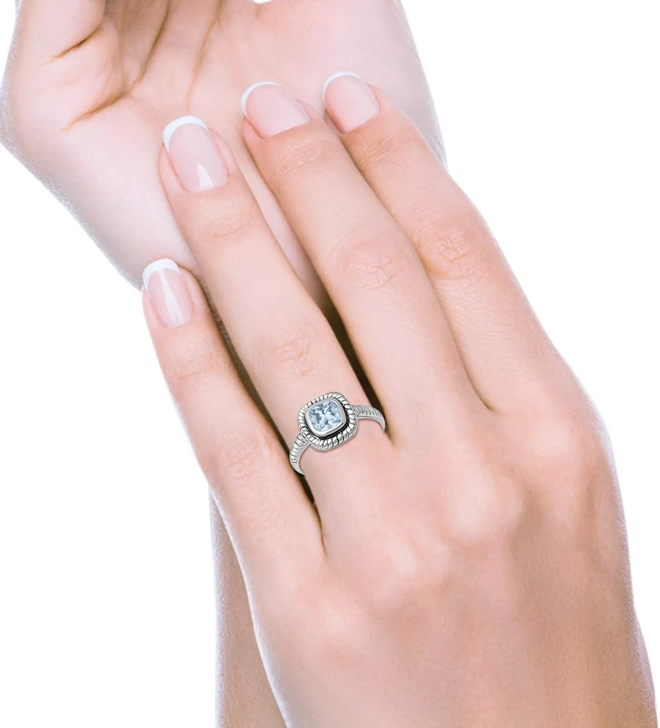 Blue Apple Co. Art Deco Ring 8mm Princess Cut Cubic Zirconia Oxidized Rope Vintage Style Solitaire Ring Statement Wedding Engagement Rings For Women 925 Sterling Silver Gift For Special Occasion