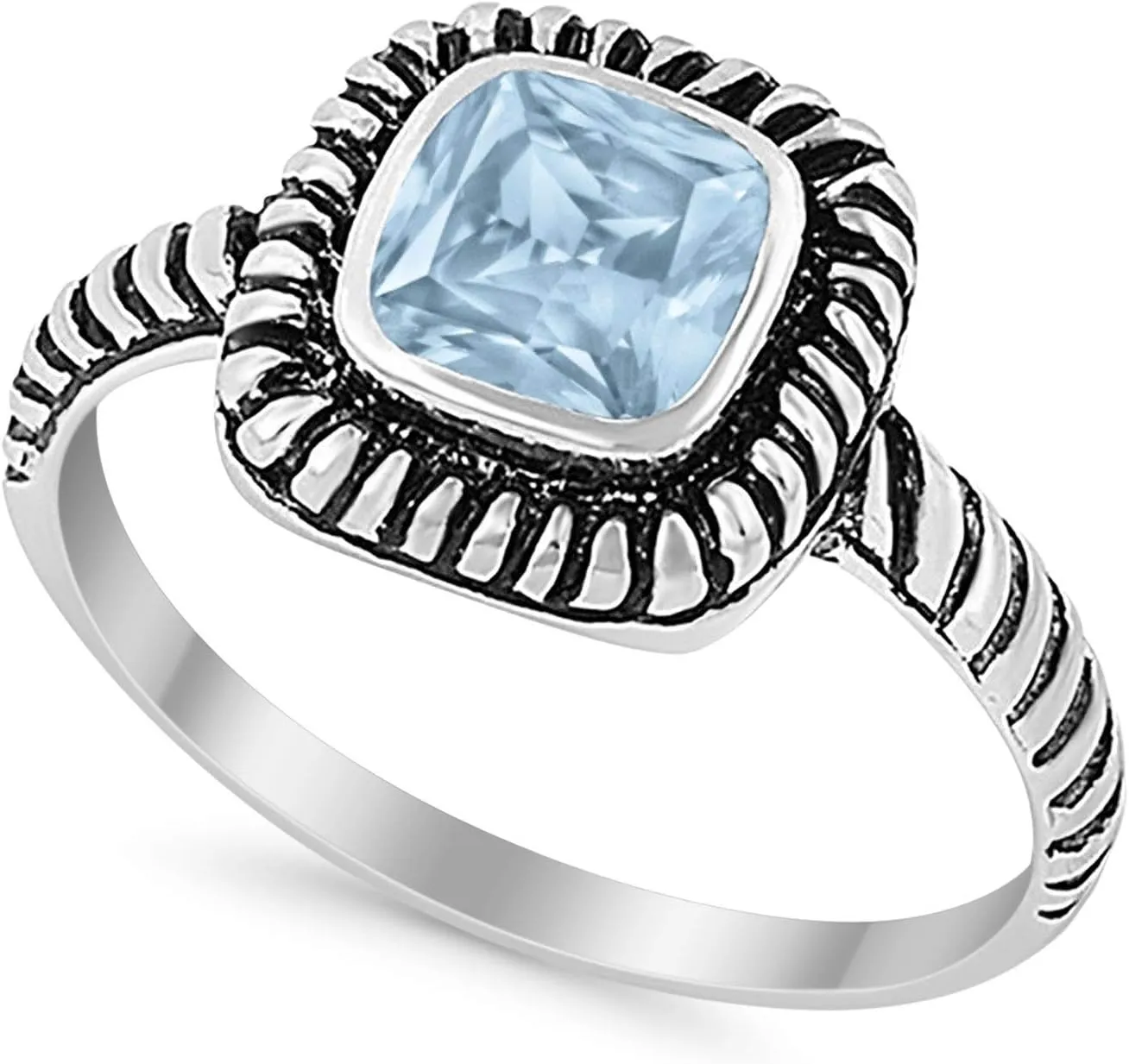 Blue Apple Co. Art Deco Ring 8mm Princess Cut Cubic Zirconia Oxidized Rope Vintage Style Solitaire Ring Statement Wedding Engagement Rings For Women 925 Sterling Silver Gift For Special Occasion