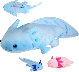 Blue Axolotl Plush with 2 Small Axolotl Stuffed Animals, 3Piece Soft Axolotl Stuffed Animals Zippers Playset, Axolotl Mom with Babies, Unique Plushie Toys Model Dolls Collection for Kids