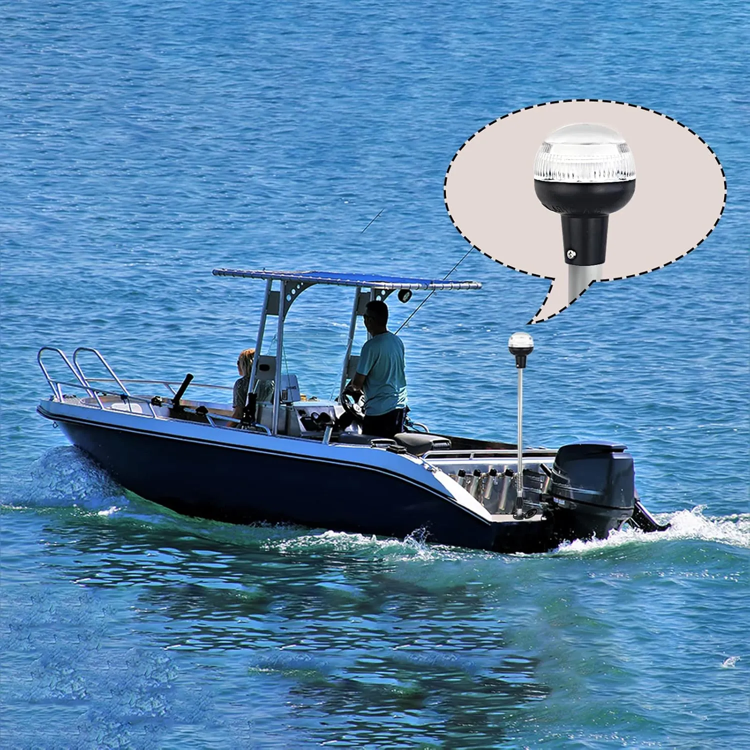 Boat Stern Light Anchor Light LED Marine Navigation Lights Spring Flexible Pole All Round White USCG 2 NM Removable 2 Pin Plug In with Threaded Base 12 Volts 36 Inches (Anodized Aluminum Pole)
