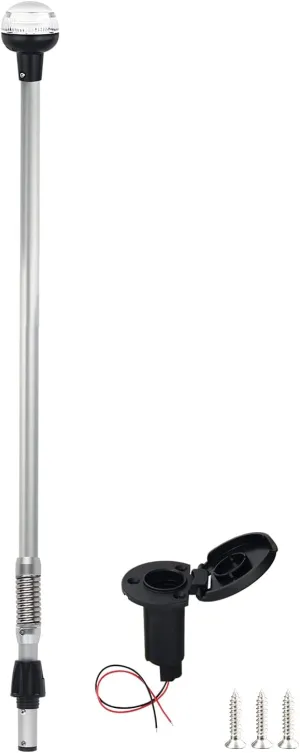 Boat Stern Light Anchor Light LED Marine Navigation Lights Spring Flexible Pole All Round White USCG 2 NM Removable 2 Pin Plug In with Threaded Base 12 Volts 36 Inches (Anodized Aluminum Pole)