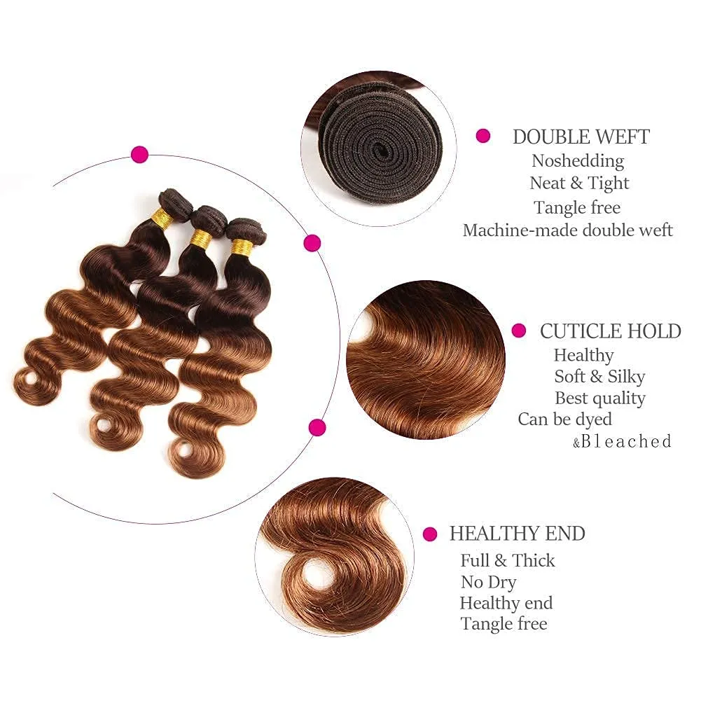 Body Wave Bundles 2 Tone Ombre Brazilian Virgin Human Hair 10A Body Wave 3 Bundles Hair Weave 100% Unprocessed Remy Virgin T4/30 Color Human Hair Extensions (24 26 28)