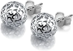 Bohemian - Women's 925 Sterling Silver Earrings - 7mm Hollow Pattern Ball Pendant - Silver Stud Earrings - 24k Gold - Fine Jewelry - Birthday Gift