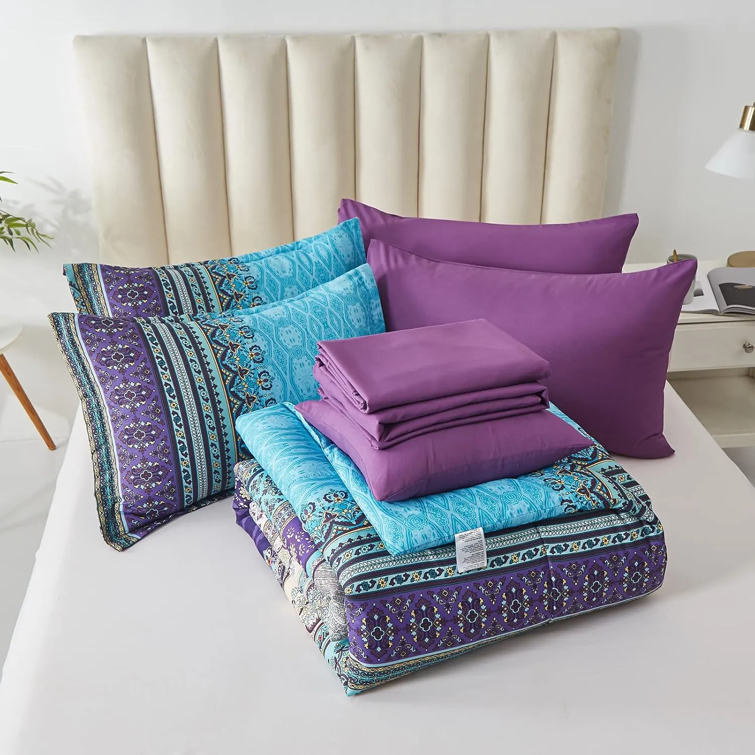 Boho Comforter Set King Size 8 Piece Bed in a Bag Bohemian Striped Bedding Quilt Set Aqua Paisley Floral Comforter and Sheet Set,Soft Microfiber Complete Bedding Sets for All Season