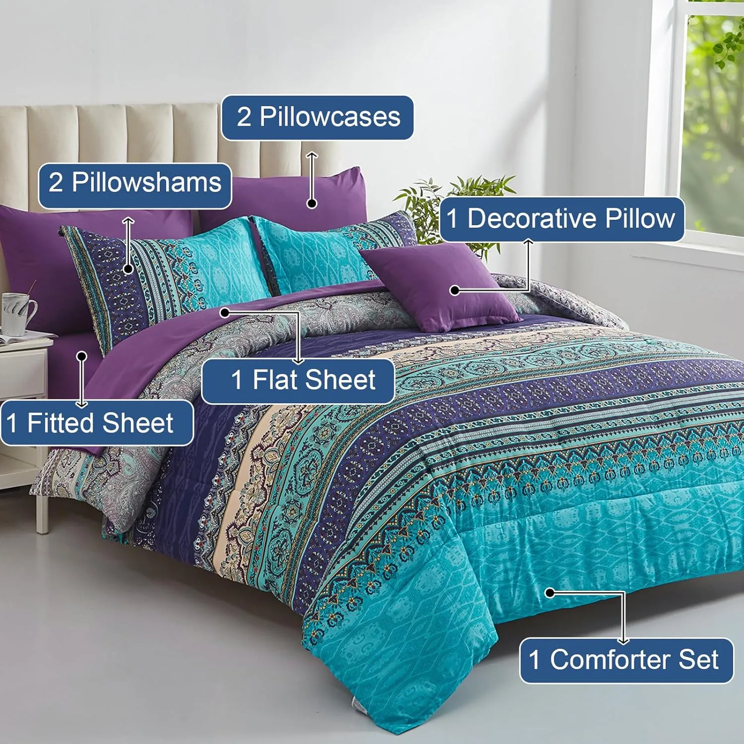 Boho Comforter Set King Size 8 Piece Bed in a Bag Bohemian Striped Bedding Quilt Set Aqua Paisley Floral Comforter and Sheet Set,Soft Microfiber Complete Bedding Sets for All Season