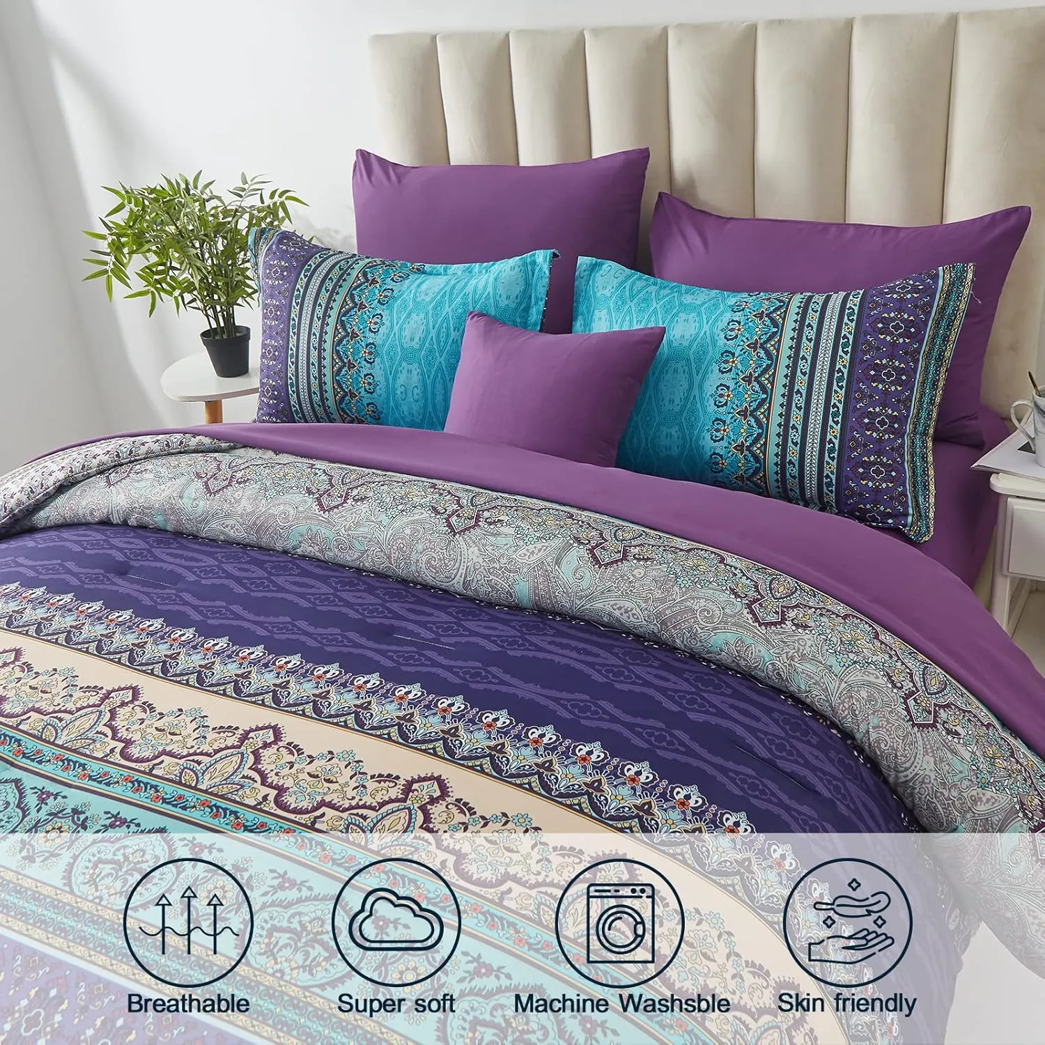 Boho Comforter Set King Size 8 Piece Bed in a Bag Bohemian Striped Bedding Quilt Set Aqua Paisley Floral Comforter and Sheet Set,Soft Microfiber Complete Bedding Sets for All Season