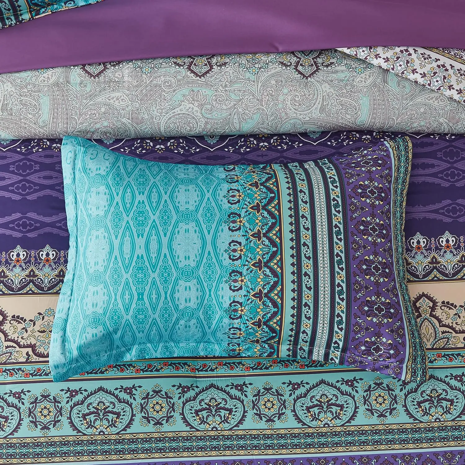 Boho Comforter Set King Size 8 Piece Bed in a Bag Bohemian Striped Bedding Quilt Set Aqua Paisley Floral Comforter and Sheet Set,Soft Microfiber Complete Bedding Sets for All Season