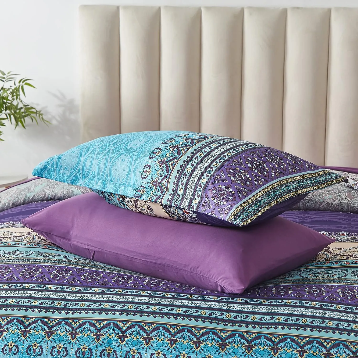 Boho Comforter Set King Size 8 Piece Bed in a Bag Bohemian Striped Bedding Quilt Set Aqua Paisley Floral Comforter and Sheet Set,Soft Microfiber Complete Bedding Sets for All Season
