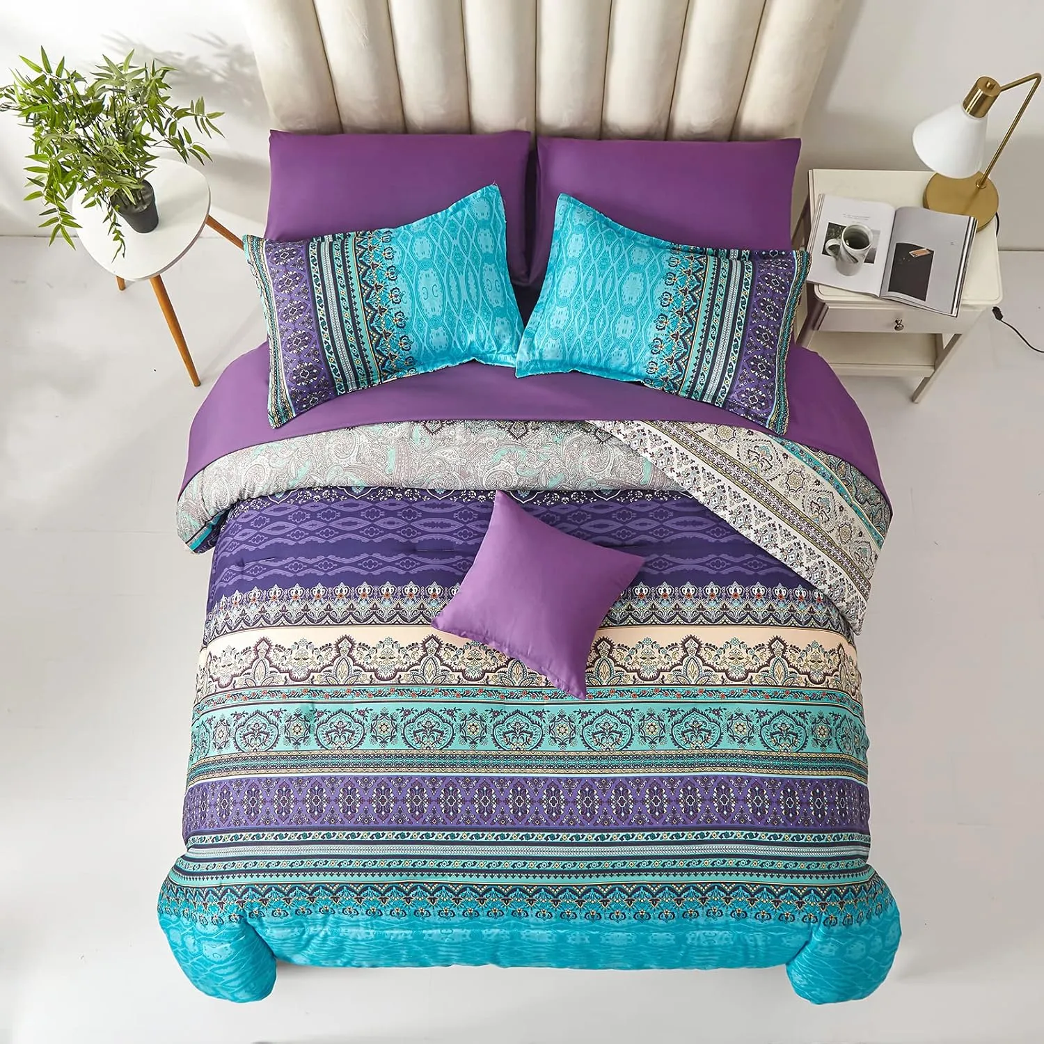 Boho Comforter Set King Size 8 Piece Bed in a Bag Bohemian Striped Bedding Quilt Set Aqua Paisley Floral Comforter and Sheet Set,Soft Microfiber Complete Bedding Sets for All Season