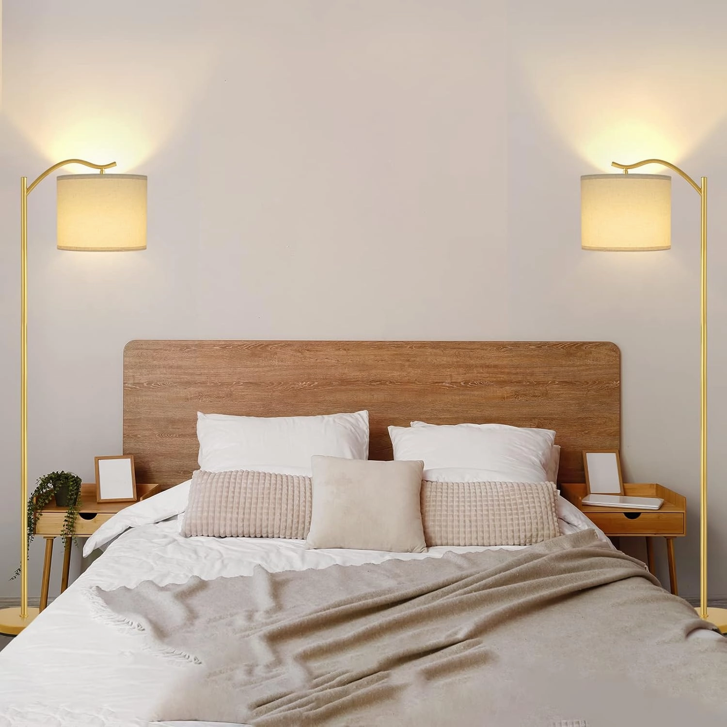 BoostArea Floor Lamp for Living Room,LED Arched Standing Lamp,Tall Modern Standing Lamp with Linen Shade,E26 Socket,Footswitch,Mid Century Gold Floor Lamps for Bedrooms,Office,Double-Layer lampshade