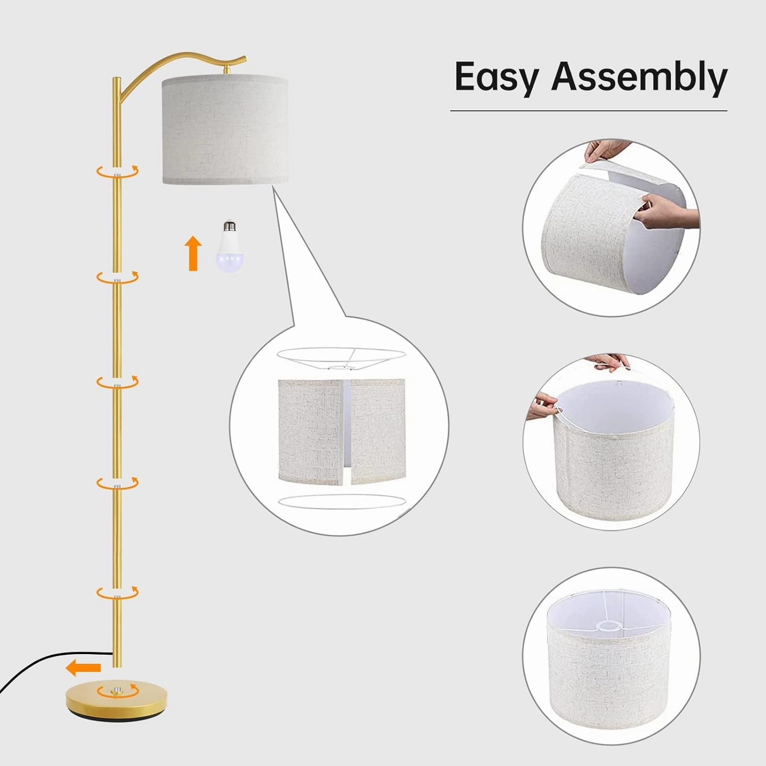 BoostArea Floor Lamp for Living Room,LED Arched Standing Lamp,Tall Modern Standing Lamp with Linen Shade,E26 Socket,Footswitch,Mid Century Gold Floor Lamps for Bedrooms,Office,Double-Layer lampshade