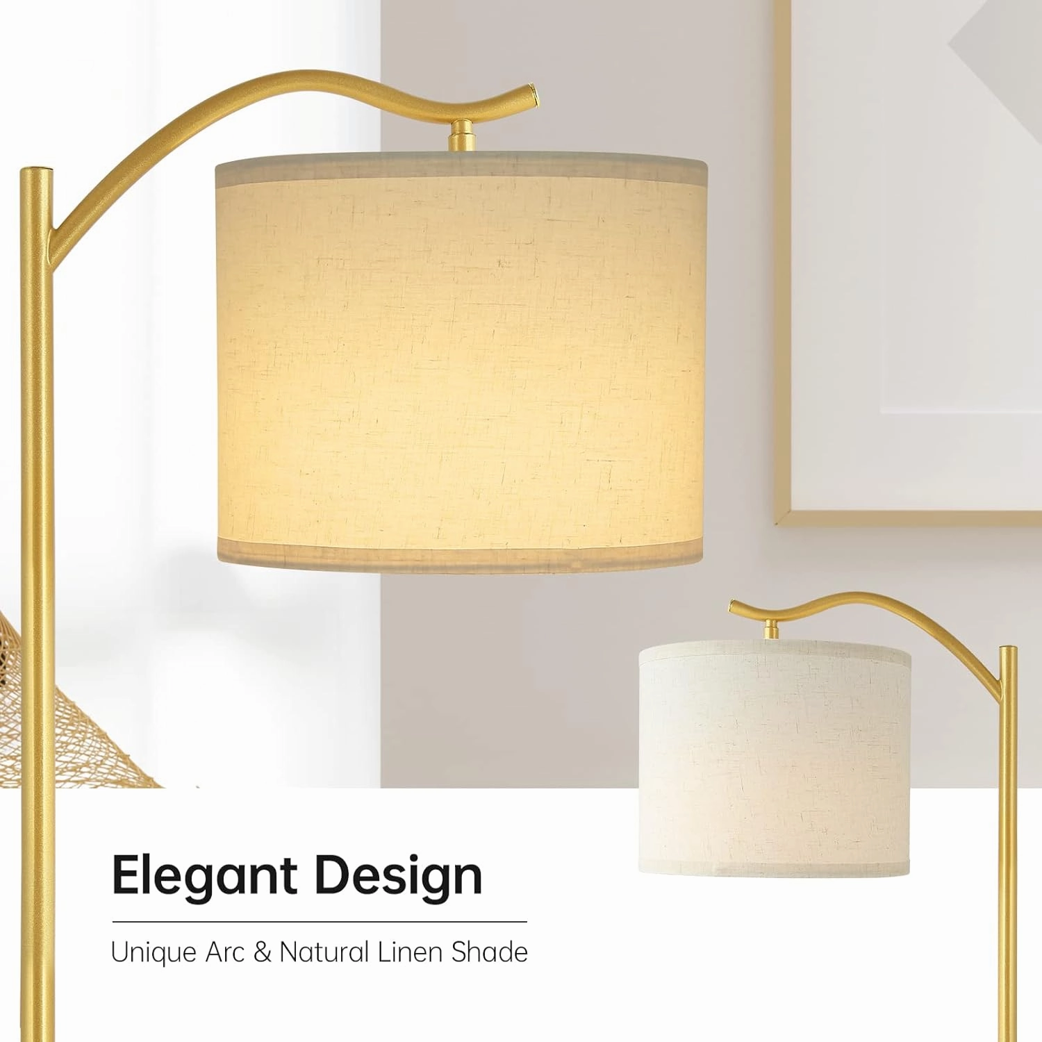 BoostArea Floor Lamp for Living Room,LED Arched Standing Lamp,Tall Modern Standing Lamp with Linen Shade,E26 Socket,Footswitch,Mid Century Gold Floor Lamps for Bedrooms,Office,Double-Layer lampshade