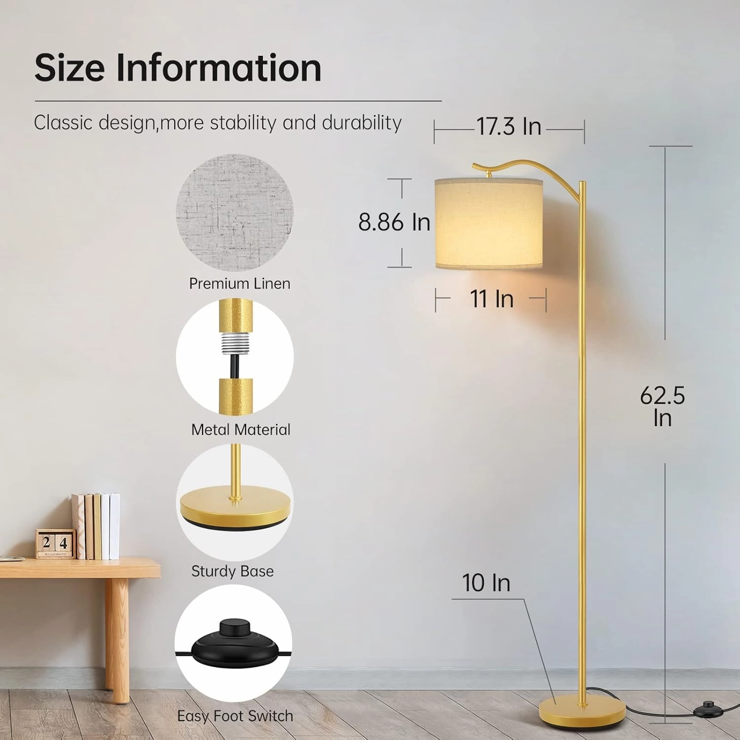BoostArea Floor Lamp for Living Room,LED Arched Standing Lamp,Tall Modern Standing Lamp with Linen Shade,E26 Socket,Footswitch,Mid Century Gold Floor Lamps for Bedrooms,Office,Double-Layer lampshade