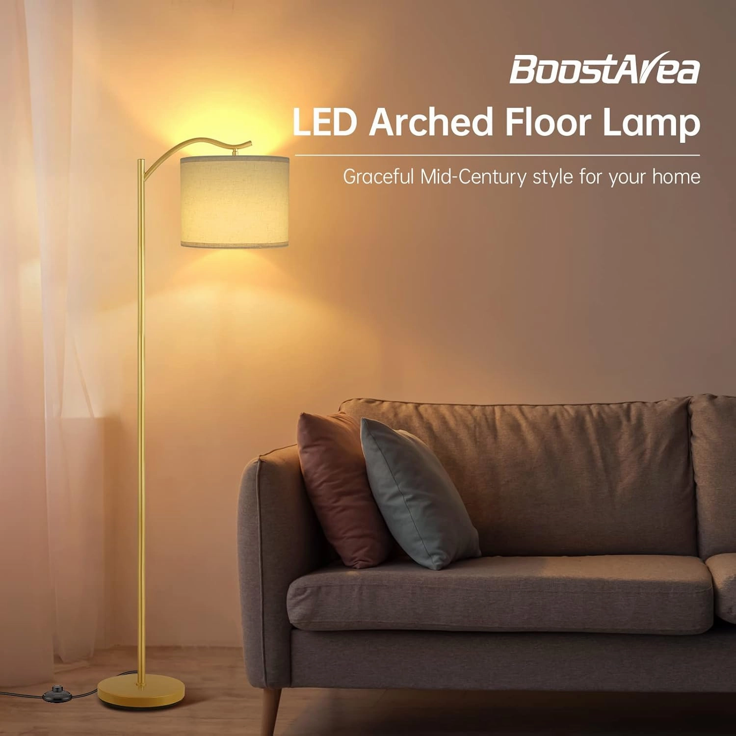 BoostArea Floor Lamp for Living Room,LED Arched Standing Lamp,Tall Modern Standing Lamp with Linen Shade,E26 Socket,Footswitch,Mid Century Gold Floor Lamps for Bedrooms,Office,Double-Layer lampshade