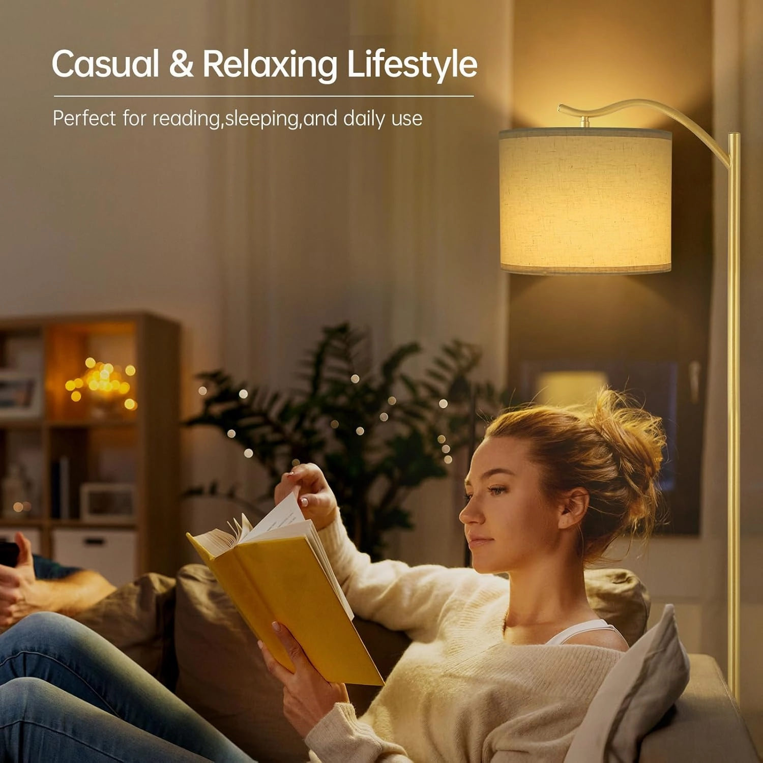 BoostArea Floor Lamp for Living Room,LED Arched Standing Lamp,Tall Modern Standing Lamp with Linen Shade,E26 Socket,Footswitch,Mid Century Gold Floor Lamps for Bedrooms,Office,Double-Layer lampshade