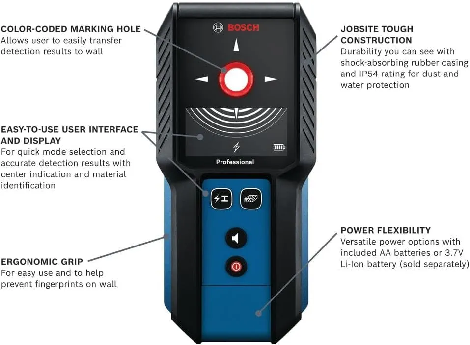 BOSCH GMS120-27 Wall Scanner and Stud Finder, Detects Wood, Metal, and Live Wires Behind Your Wall - Includes 2 AA Batteries and Pouch