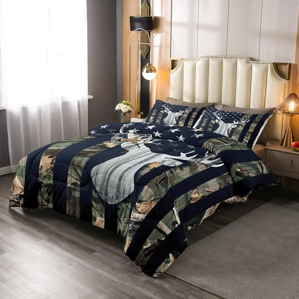 Boys Camo American Flag Comforter Set Twin Size,Army Green Camouflage USA Flag Quilt Set for Teens Room,Deer Antlers Wild Animal Hunting Rustic Farm Plant Stars Stripes Bedding Set, for RV Camping