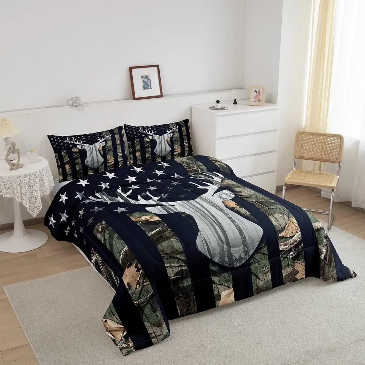 Boys Camo American Flag Comforter Set Twin Size,Army Green Camouflage USA Flag Quilt Set for Teens Room,Deer Antlers Wild Animal Hunting Rustic Farm Plant Stars Stripes Bedding Set, for RV Camping