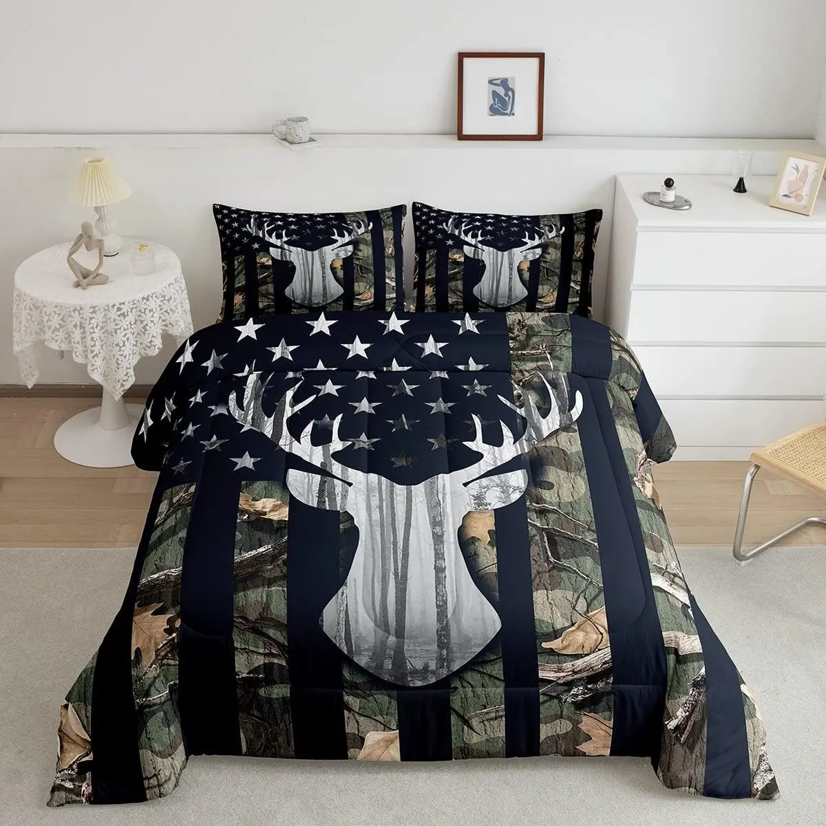 Boys Camo American Flag Comforter Set Twin Size,Army Green Camouflage USA Flag Quilt Set for Teens Room,Deer Antlers Wild Animal Hunting Rustic Farm Plant Stars Stripes Bedding Set, for RV Camping