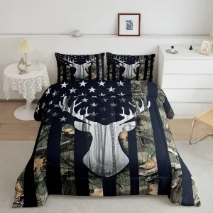 Boys Camo American Flag Comforter Set Twin Size,Army Green Camouflage USA Flag Quilt Set for Teens Room,Deer Antlers Wild Animal Hunting Rustic Farm Plant Stars Stripes Bedding Set, for RV Camping