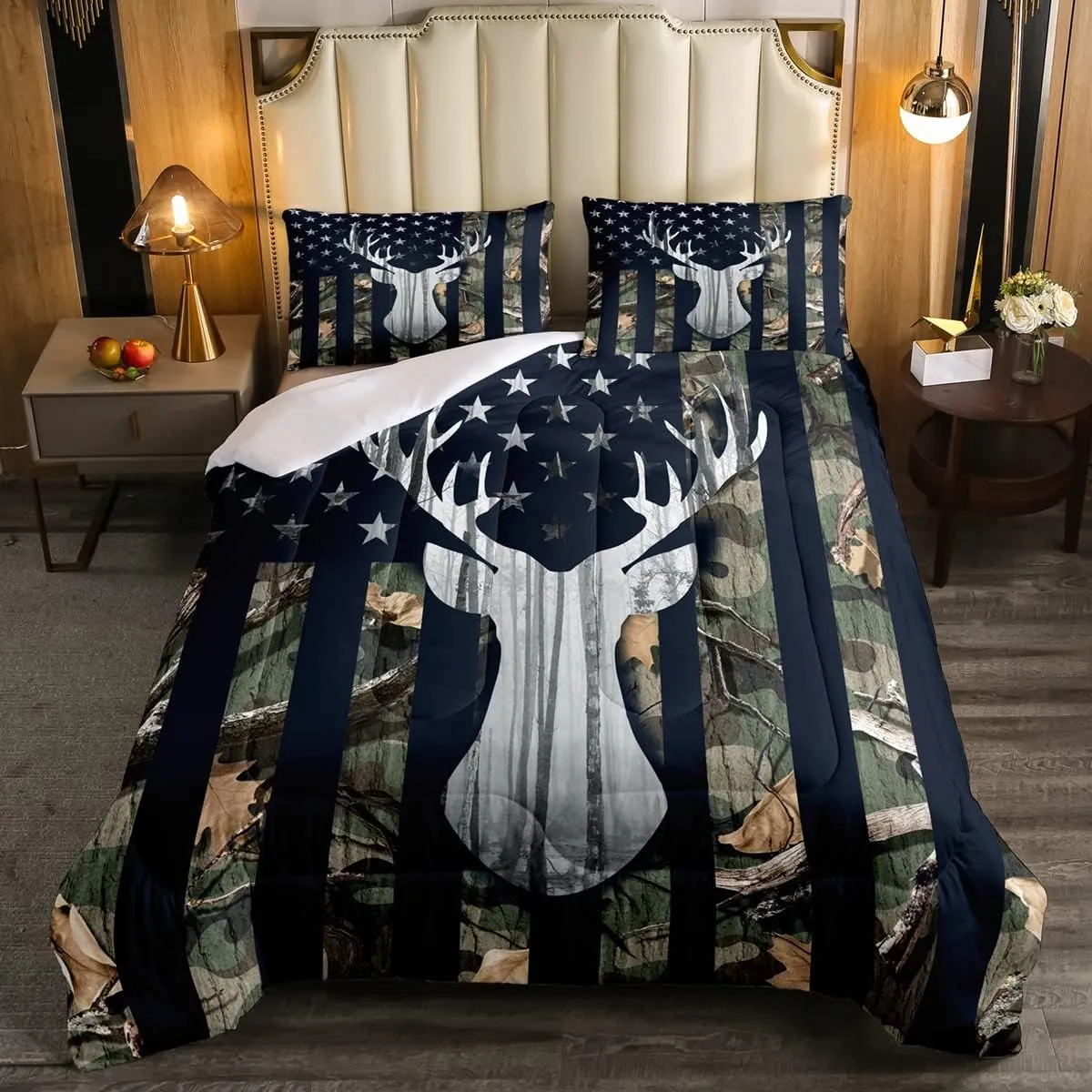 Boys Camo American Flag Comforter Set Twin Size,Army Green Camouflage USA Flag Quilt Set for Teens Room,Deer Antlers Wild Animal Hunting Rustic Farm Plant Stars Stripes Bedding Set, for RV Camping