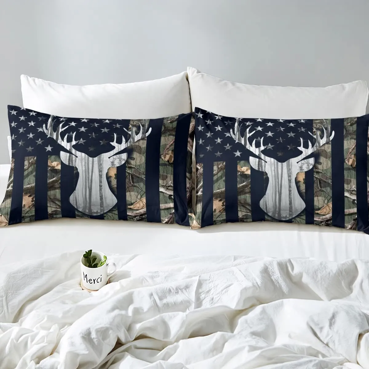 Boys Camo American Flag Comforter Set Twin Size,Army Green Camouflage USA Flag Quilt Set for Teens Room,Deer Antlers Wild Animal Hunting Rustic Farm Plant Stars Stripes Bedding Set, for RV Camping