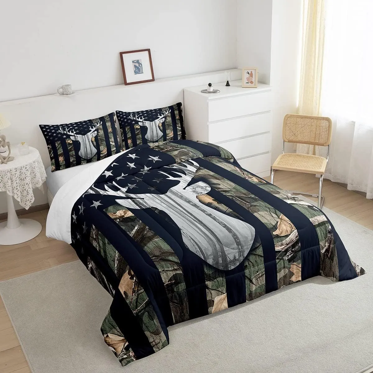 Boys Camo American Flag Comforter Set Twin Size,Army Green Camouflage USA Flag Quilt Set for Teens Room,Deer Antlers Wild Animal Hunting Rustic Farm Plant Stars Stripes Bedding Set, for RV Camping